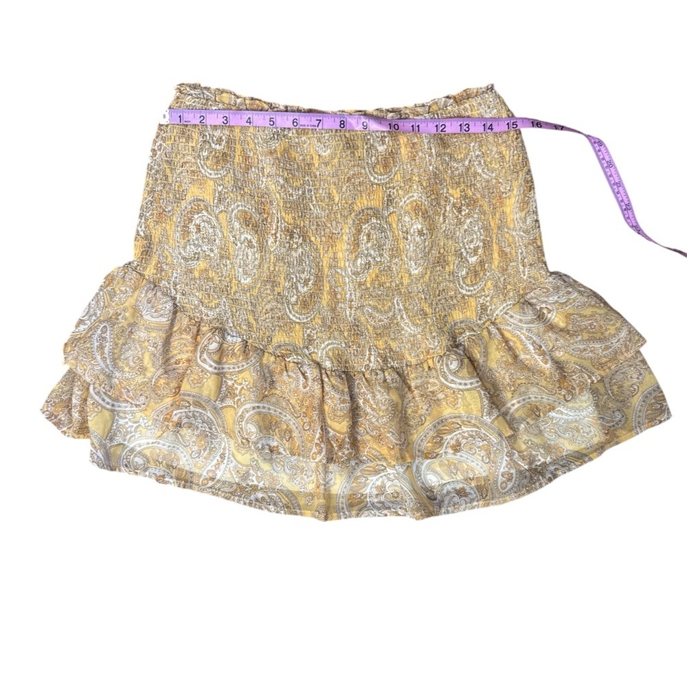 NSR Paisley Ruffle Mini Skirt Gold Cream Smocked Waist Flowy Style Size M - Picture 6 of 9